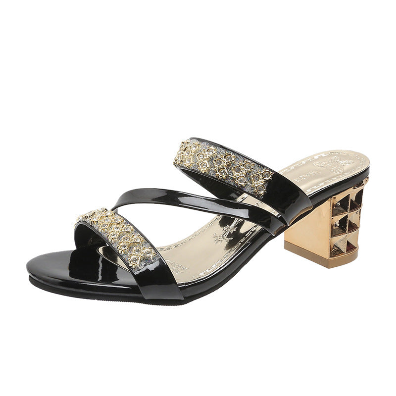 Damersandaler med blockhäl och rhinestone-utsmyckning