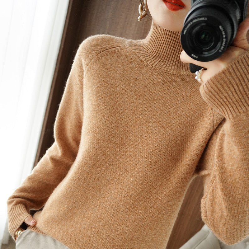 Solid turtleneck imiterad kashmirstickad tröja