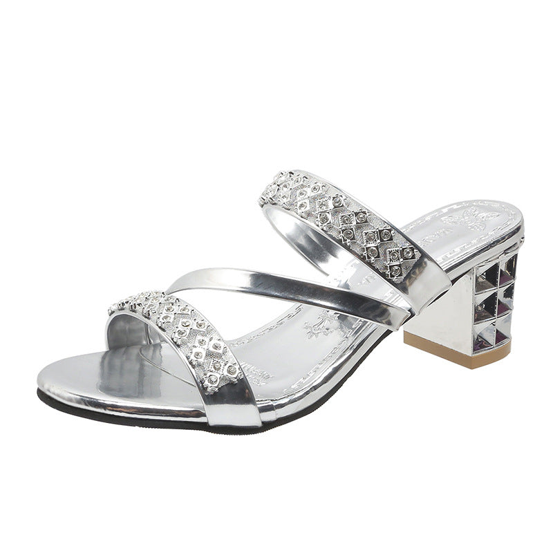 Damersandaler med blockhäl och rhinestone-utsmyckning