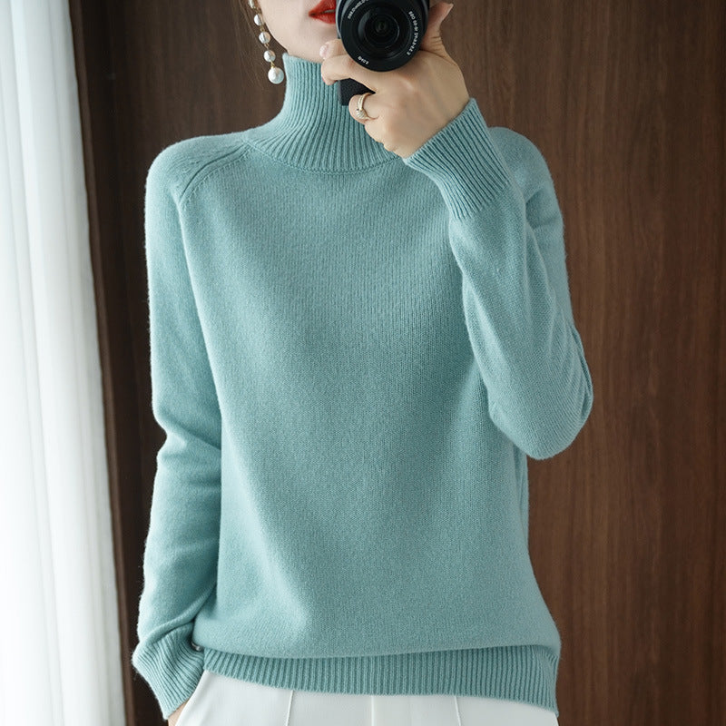 Solid turtleneck imiterad kashmirstickad tröja