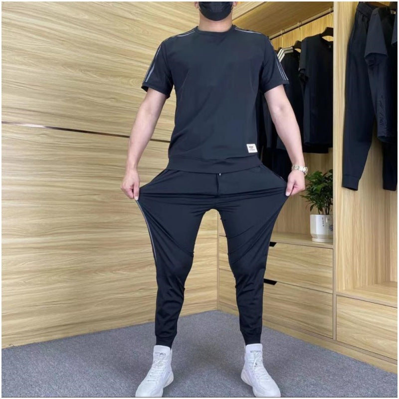 2-Delat Set med Kortärmad Topp och Joggingbyxor med Hög Stretch för Män