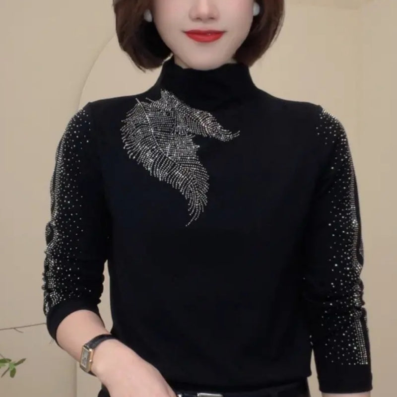 Varm baslager-tröja med halv turtleneck och strass för kvinnor
