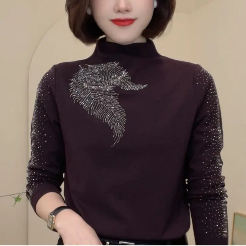 Varm baslager-tröja med halv turtleneck och strass för kvinnor