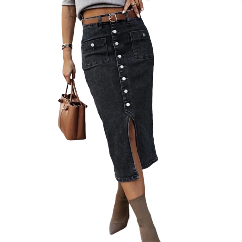 đ 50% RABATT! âł Högmidjad Denimkjol med Knappar Fram â KlĂ€dsam A-linje, Justerbar passform & Klassisk stil đ