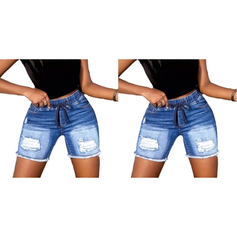 Damshorts i slitna jeans med dragsko och resår i midja
