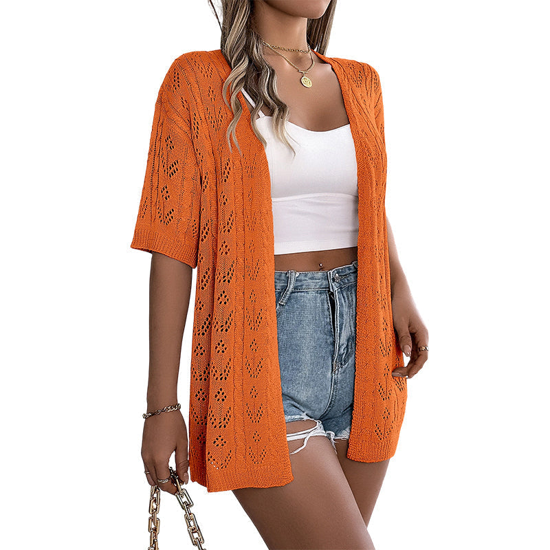 đ 50% RABATT NU! KortĂ€rmad openâfront stickad cardigan â pointelletrikĂ„, andningsbar & lĂ€tt â perfekt för sommaren, övergĂ„ngsperioder och semester âïžâš