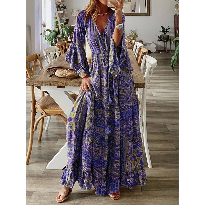 đ 50% RABATT NU! đș Bohemisk Blommig MaxiklĂ€nning â V-ringning, Flödande FĂ„ll & Premiumtyg â Romantisk, Andningsbar & Perfekt för Resor đïž