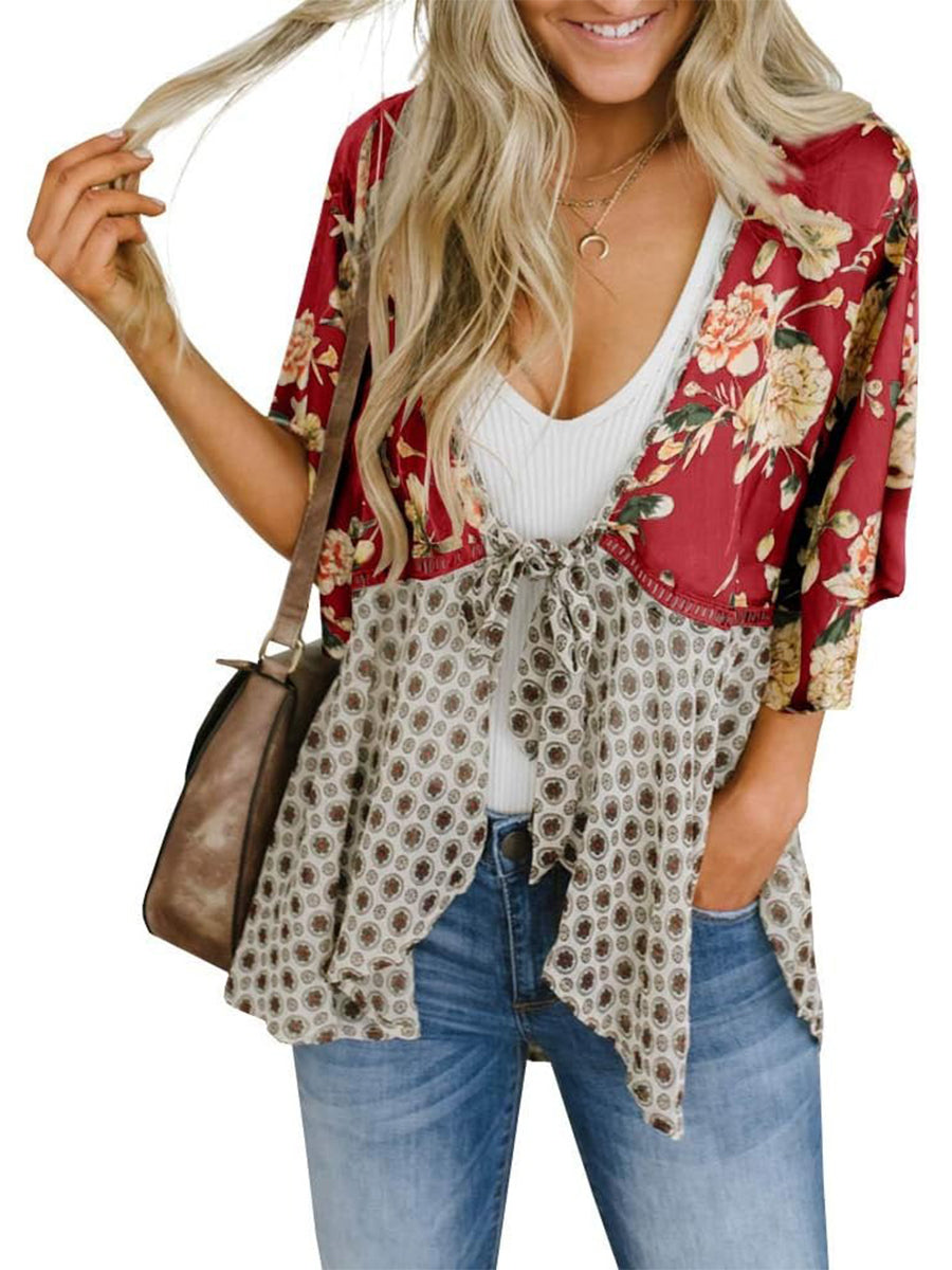 💐Vårrea 2026🌸Blommig kimono-inspirerad damkofta med volangärmar och knytband – en lätt, bohemisk och avslappnad topp