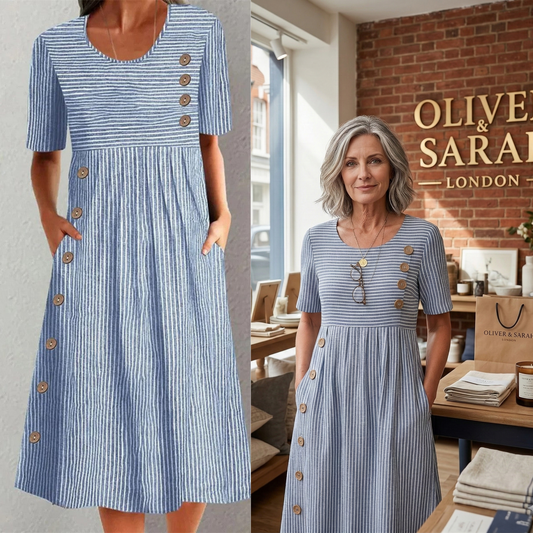 👗 50% RABATT NU! Tidlös randig midiklänning – andningsbar, smickrande & enkelt elegant – perfekt för sommarens alla tillfällen 🌊✨