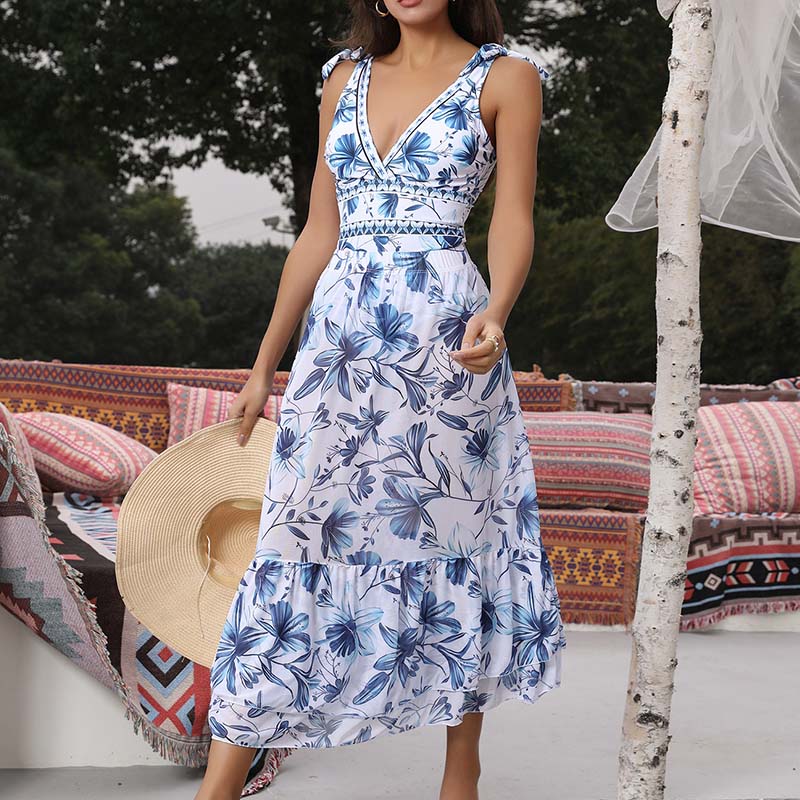 💥 Specialerbjudande 50 % rabatt💥 V-ringad snörningsbaddräkt med tryck och kjol