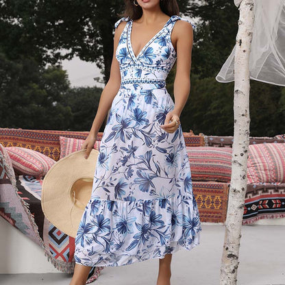 💥 Specialerbjudande 50 % rabatt💥 V-ringad snörningsbaddräkt med tryck och kjol