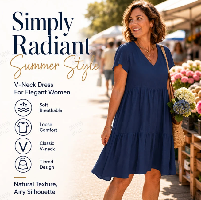 🎉Begränsad rea💝Casualklänning med V-ringning och korta ärmar