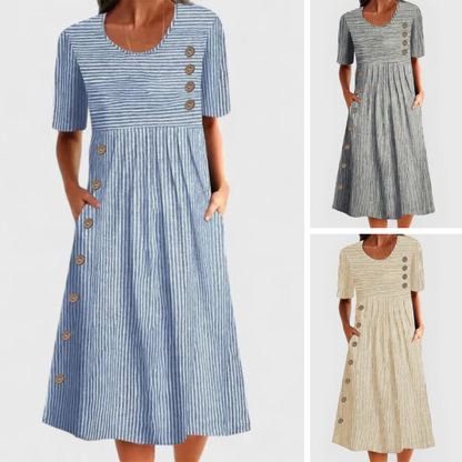👗 50% RABATT NU! Tidlös randig midiklänning – andningsbar, smickrande & enkelt elegant – perfekt för sommarens alla tillfällen 🌊✨