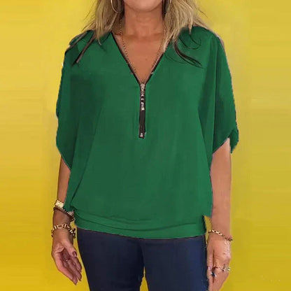 👗Avslappnad damtopp med dragkedja och chiffonghals