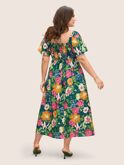 ⏰Sommarrea – 70 % rabatt💃Midi-klänning med blommönster, smockad krage och fickor