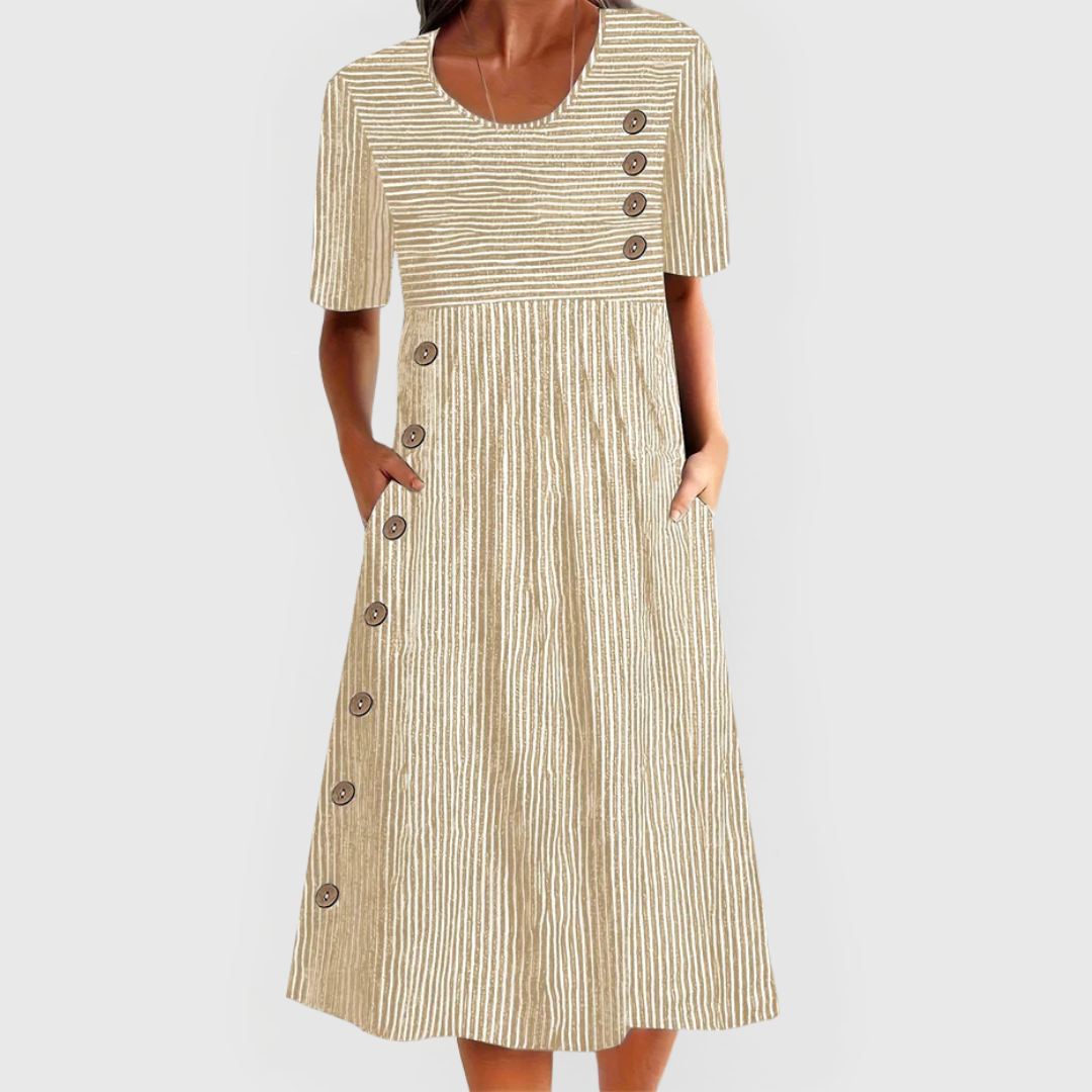 👗 50% RABATT NU! Tidlös randig midiklänning – andningsbar, smickrande & enkelt elegant – perfekt för sommarens alla tillfällen 🌊✨