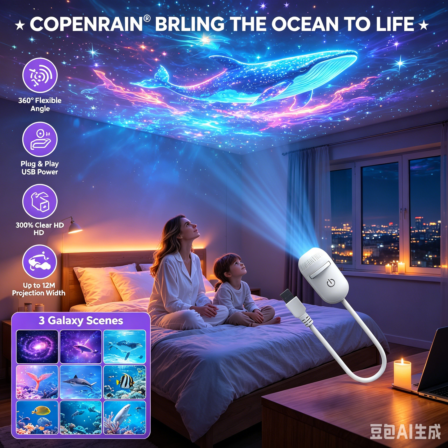 Plug-and-Play HD-nattlampa med Galaxy- och havsmotiv🥳Över 50 000 nöjda användare
