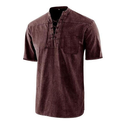 🌸Vårrea: 50 % rabatt👕Gothic-inspirerad retro-T-shirt för män, snörning vid V-ringningen, ficka i linn