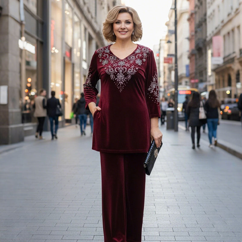 💕Damset med topp och byxor i sammet med strass