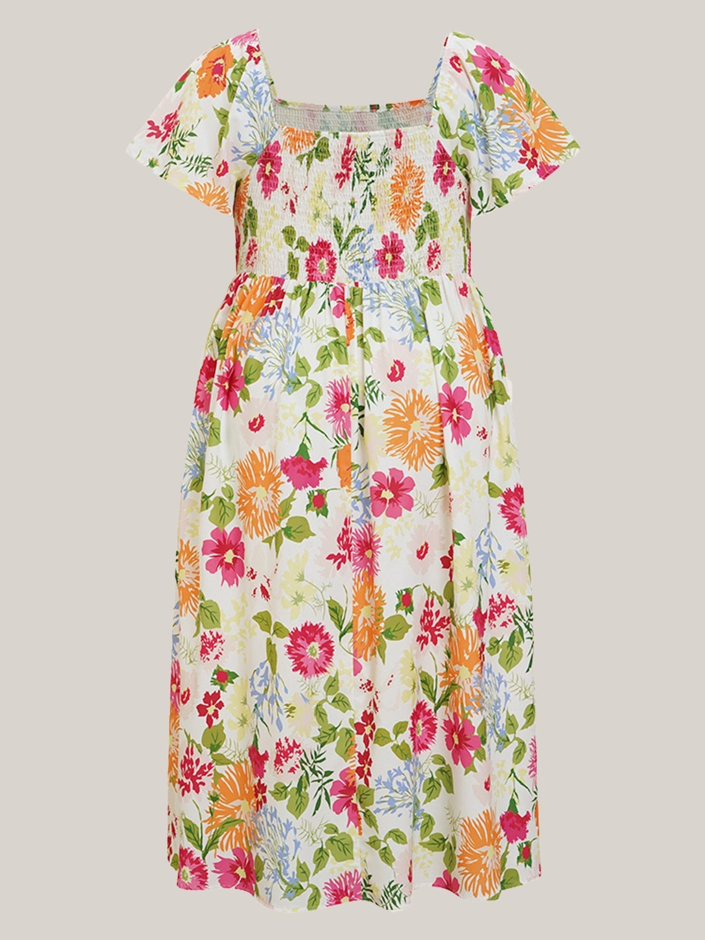 ⏰Sommarrea – 70 % rabatt💃Midi-klänning med blommönster, smockad krage och fickor