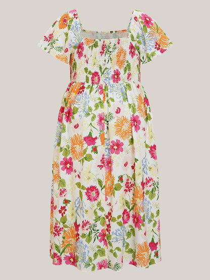⏰Sommarrea – 70 % rabatt💃Midi-klänning med blommönster, smockad krage och fickor