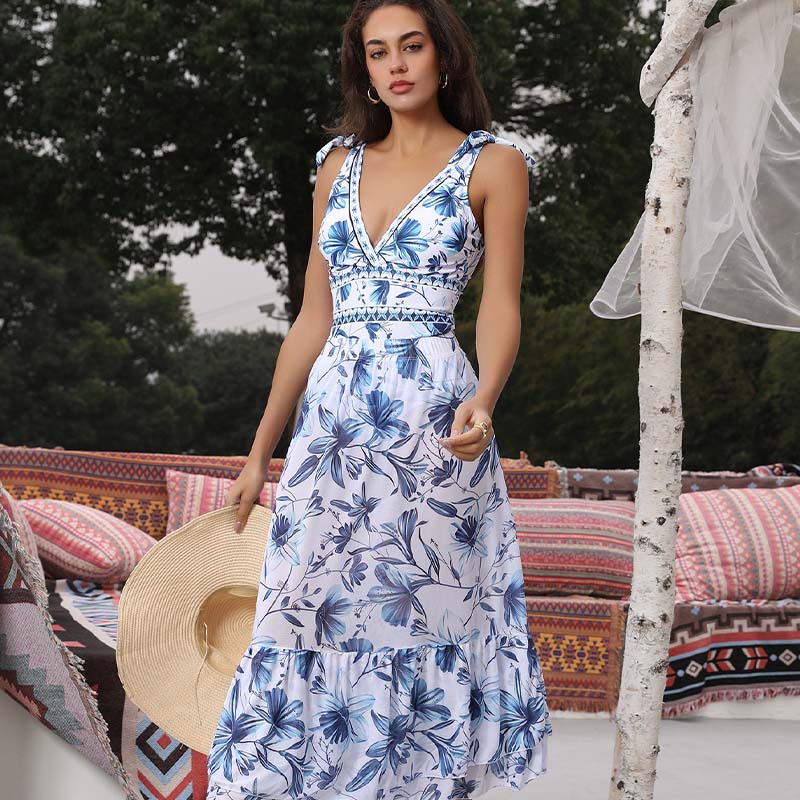 💥 Specialerbjudande 50 % rabatt💥 V-ringad snörningsbaddräkt med tryck och kjol