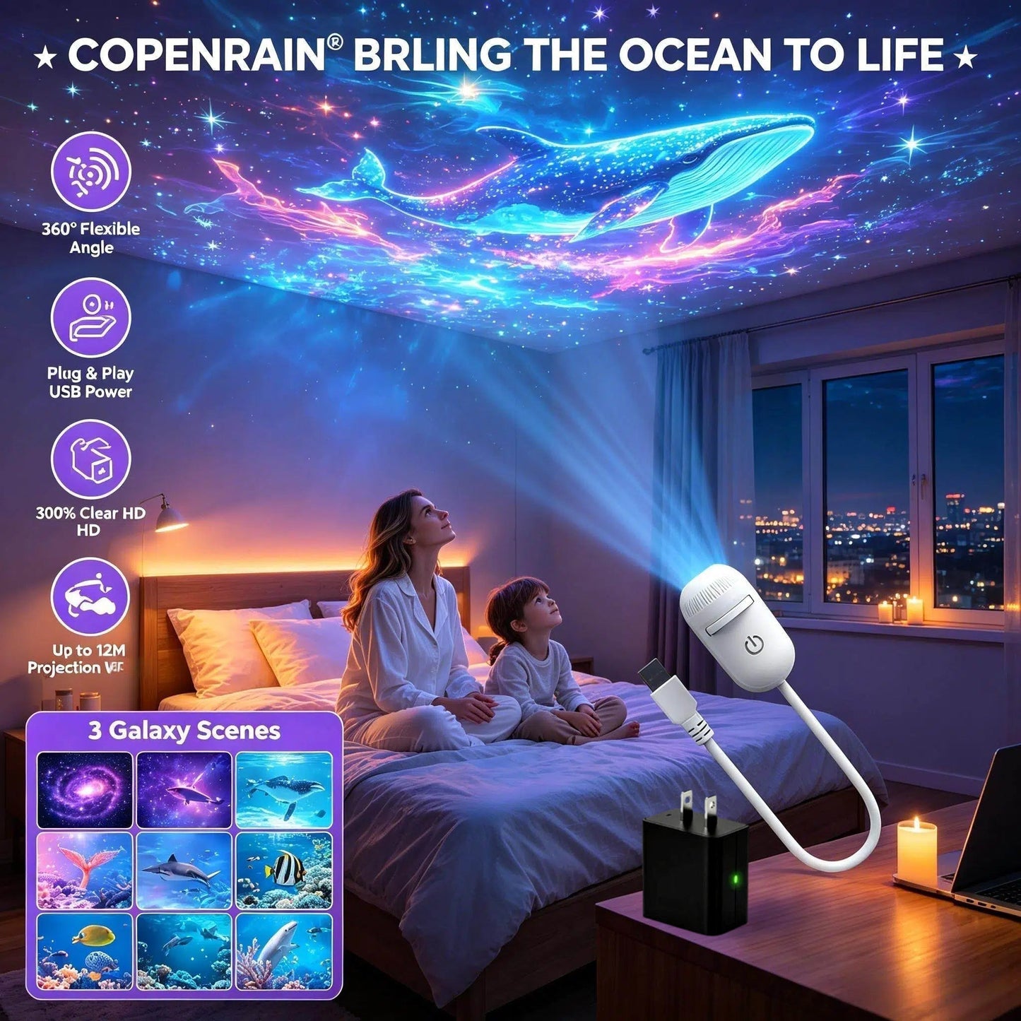 Plug-and-Play HD-nattlampa med Galaxy- och havsmotiv🥳Över 50 000 nöjda användare