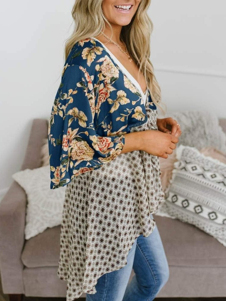 💐Vårrea 2026🌸Blommig kimono-inspirerad damkofta med volangärmar och knytband – en lätt, bohemisk och avslappnad topp