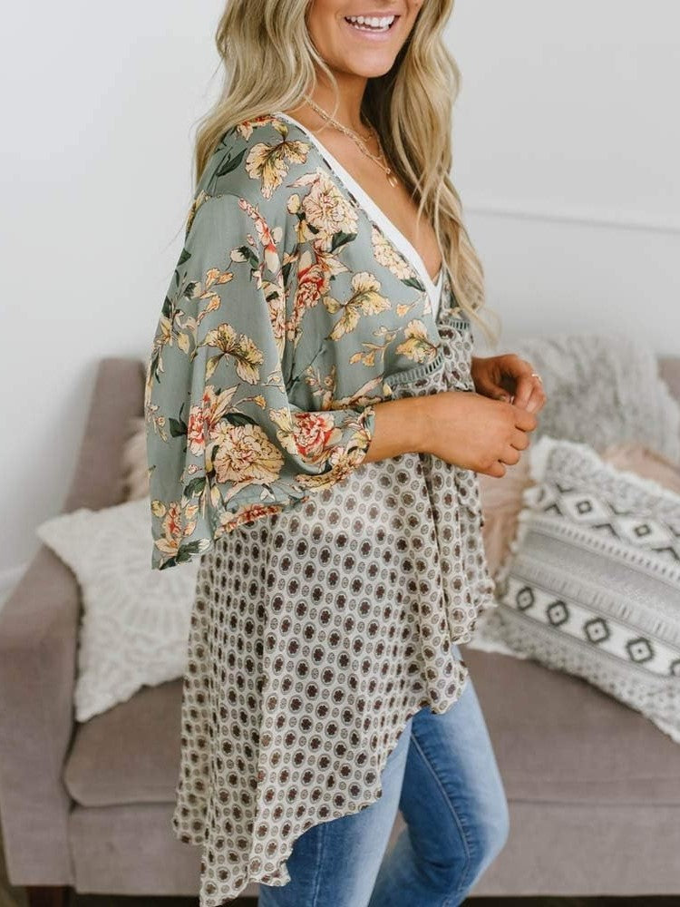 💐Vårrea 2026🌸Blommig kimono-inspirerad damkofta med volangärmar och knytband – en lätt, bohemisk och avslappnad topp