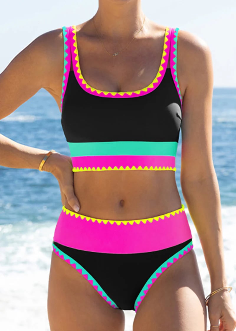 🌼 Färgblockerad Sportig 3-delars Bikiniset i Nylon – Högmidja med Magekontroll 👙