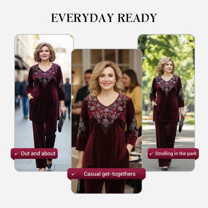 💕Damset med topp och byxor i sammet med strass