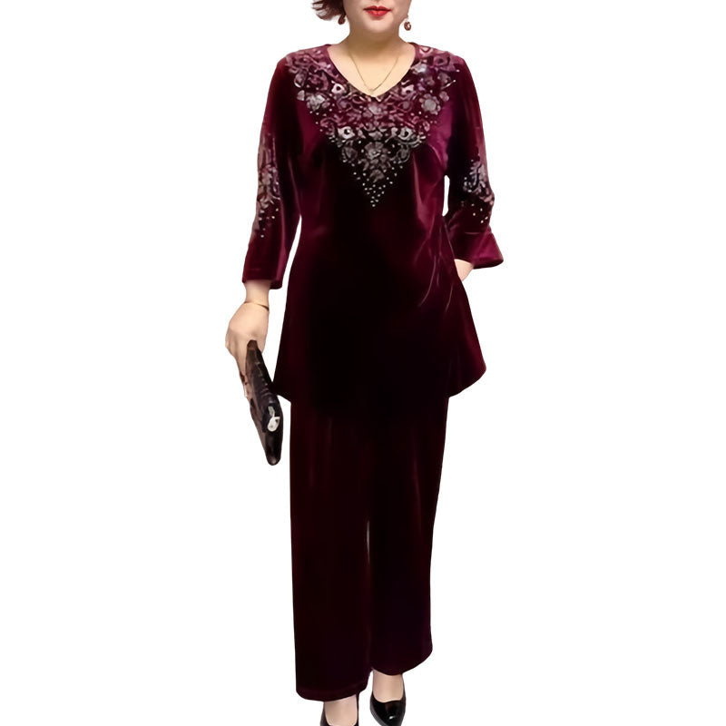 💕Damset med topp och byxor i sammet med strass