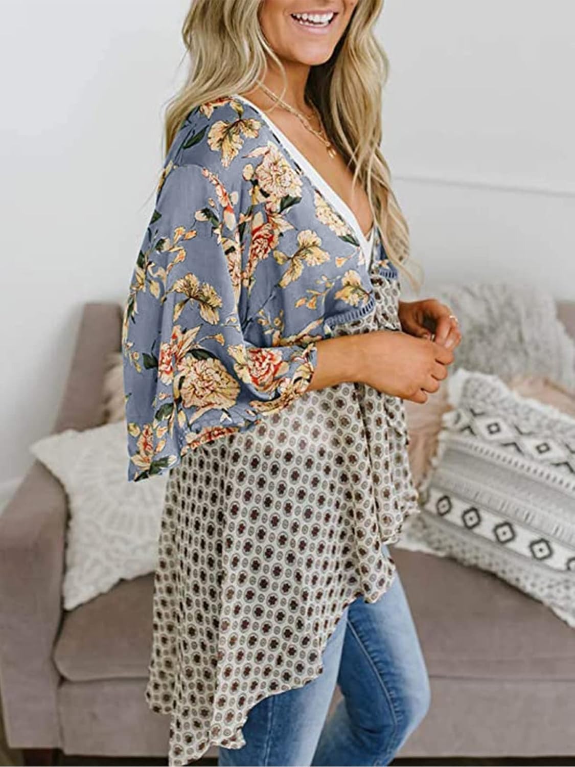 💐Vårrea 2026🌸Blommig kimono-inspirerad damkofta med volangärmar och knytband – en lätt, bohemisk och avslappnad topp