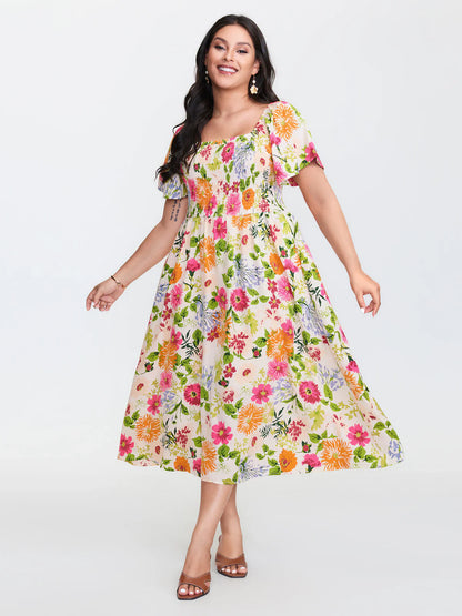 ⏰Sommarrea – 70 % rabatt💃Midi-klänning med blommönster, smockad krage och fickor