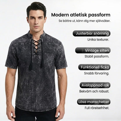 🌸Vårrea: 50 % rabatt👕Gothic-inspirerad retro-T-shirt för män, snörning vid V-ringningen, ficka i linn