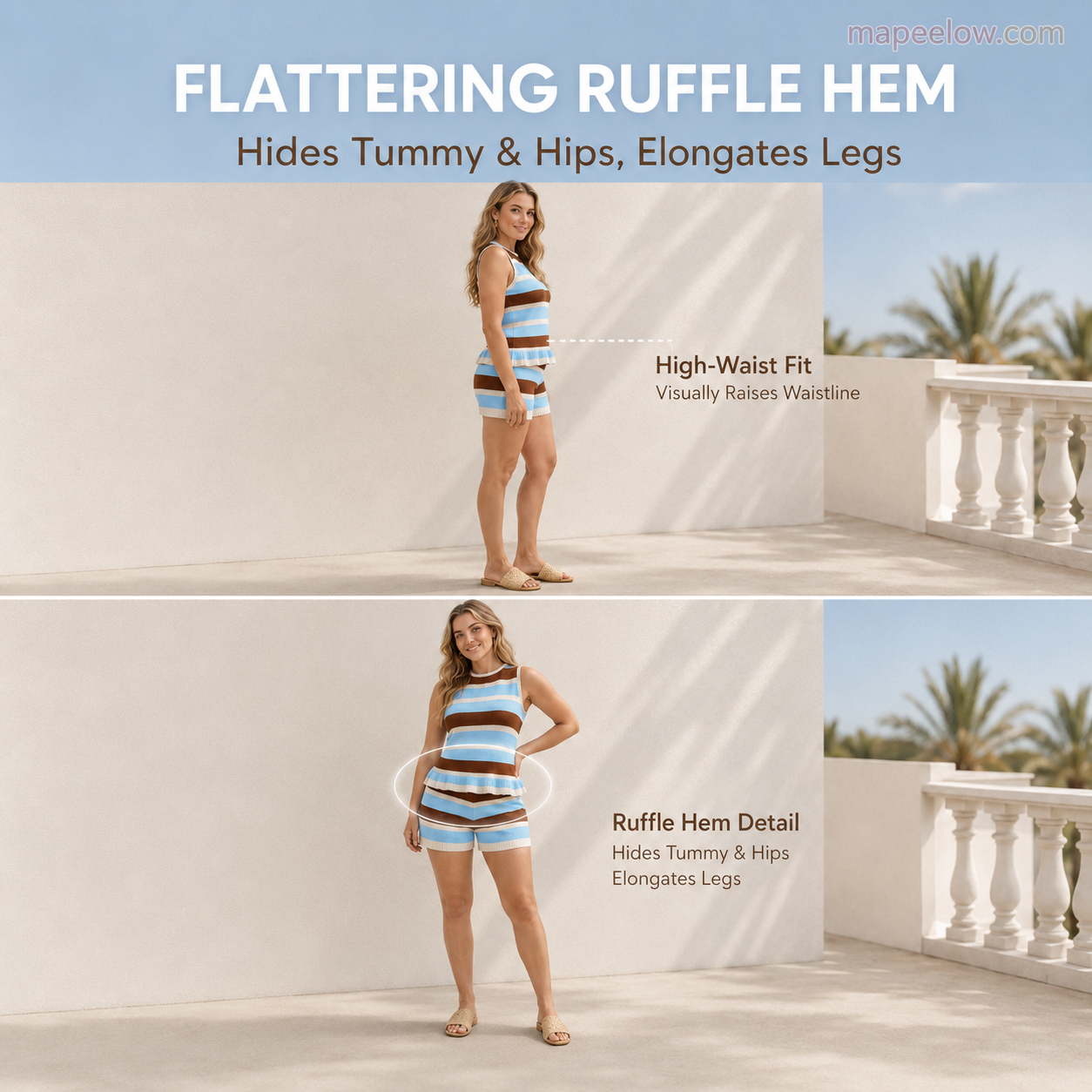 Randig stickad outfit för dam med ärmlös peplum-top och shorts