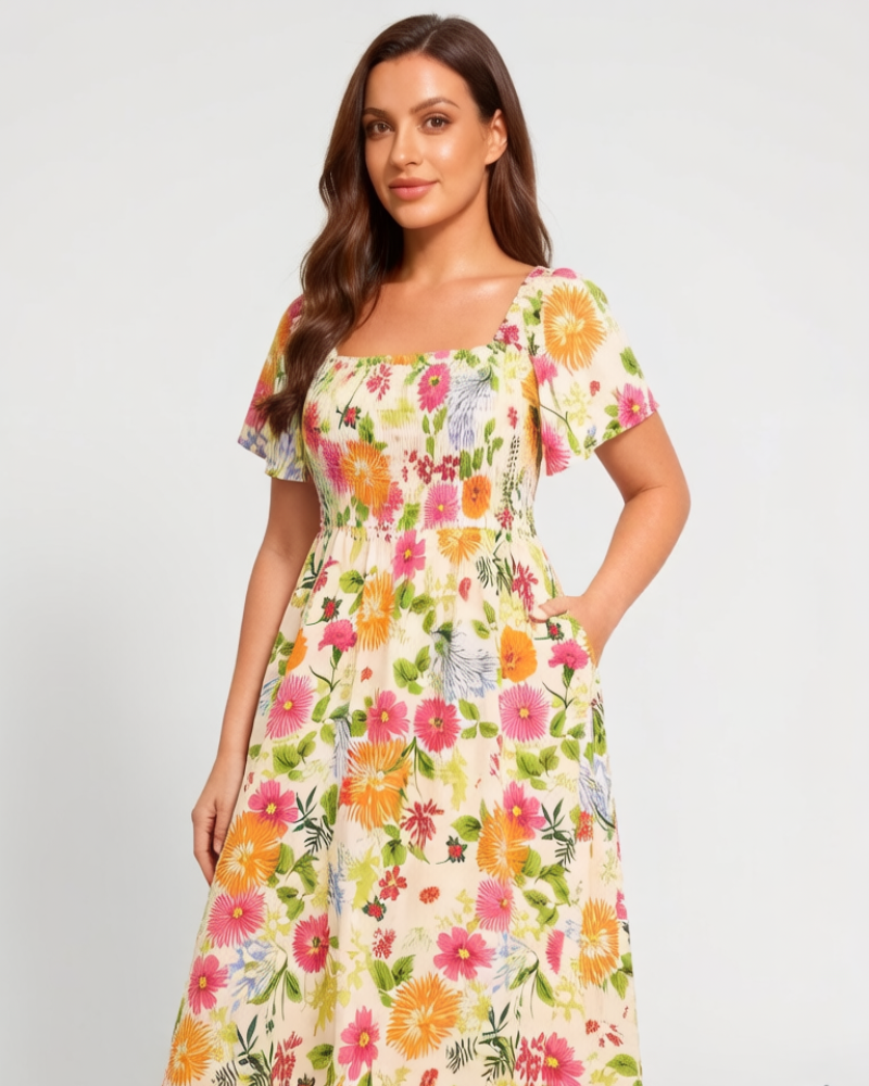 ⏰Sommarrea – 70 % rabatt💃Midi-klänning med blommönster, smockad krage och fickor