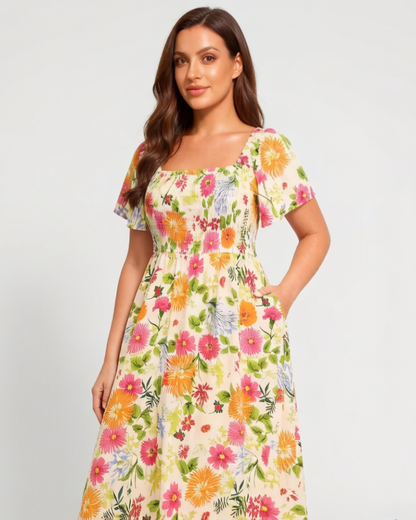 ⏰Sommarrea – 70 % rabatt💃Midi-klänning med blommönster, smockad krage och fickor