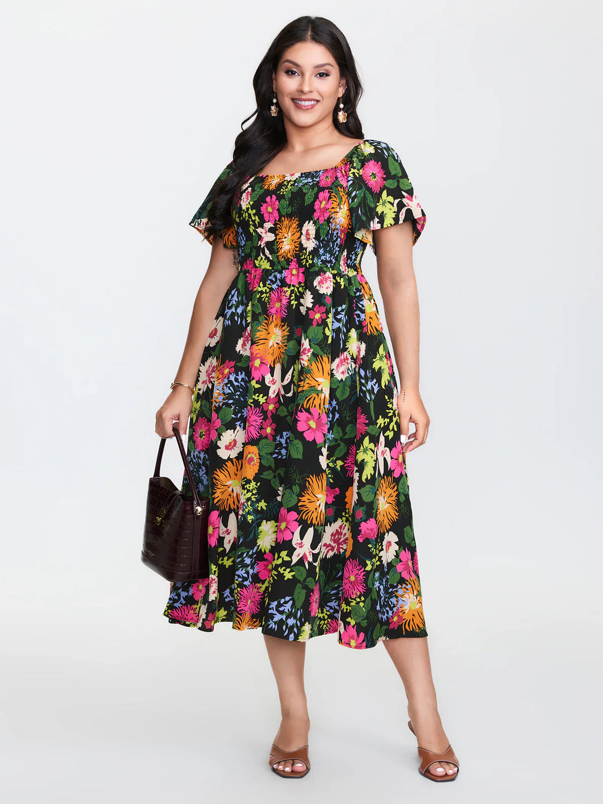 ⏰Sommarrea – 70 % rabatt💃Midi-klänning med blommönster, smockad krage och fickor
