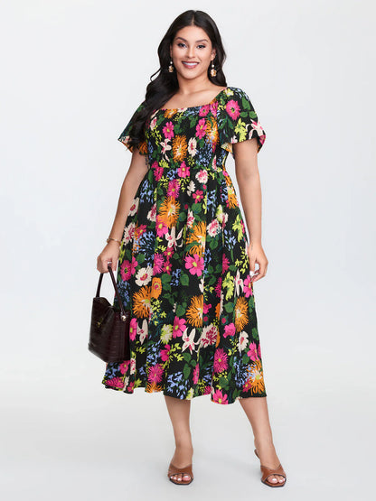 ⏰Sommarrea – 70 % rabatt💃Midi-klänning med blommönster, smockad krage och fickor