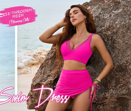 👙Sista dagen – 70 % rabatt💐Bikiniset med badkjol och hög midja – badkläder med formande effekt