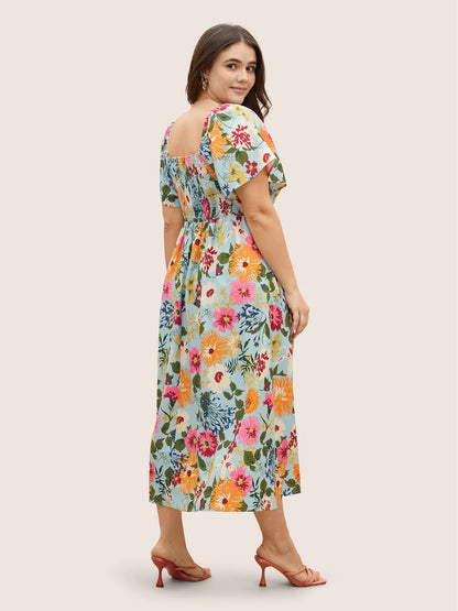 ⏰Sommarrea – 70 % rabatt💃Midi-klänning med blommönster, smockad krage och fickor