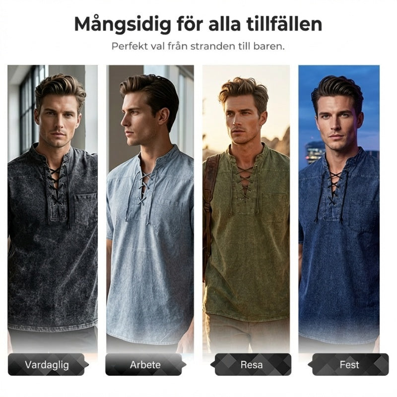 🌸Vårrea: 50 % rabatt👕Gothic-inspirerad retro-T-shirt för män, snörning vid V-ringningen, ficka i linn