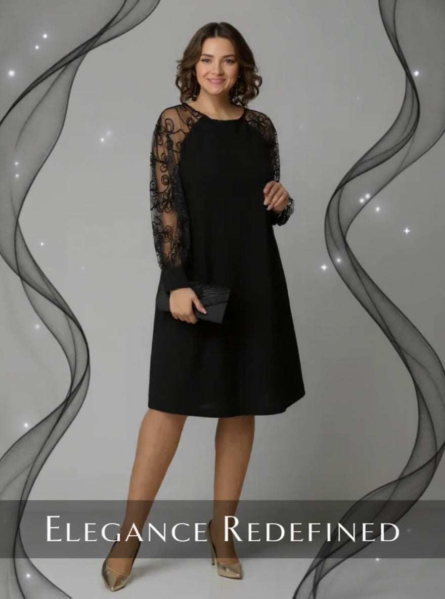 👗Spetsklänning med långa ärmar och rund halsringning💖