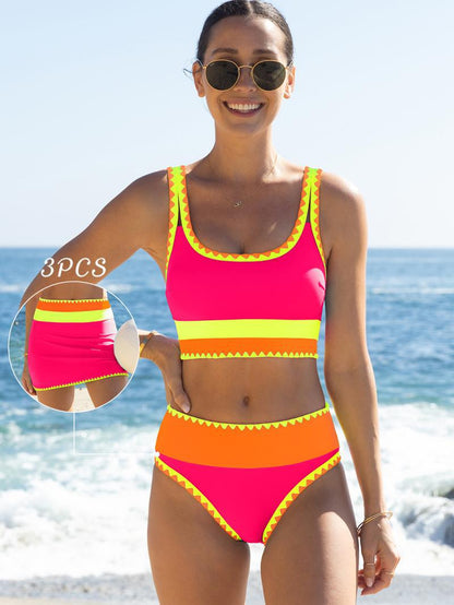 🌼 Färgblockerad Sportig 3-delars Bikiniset i Nylon – Högmidja med Magekontroll 👙