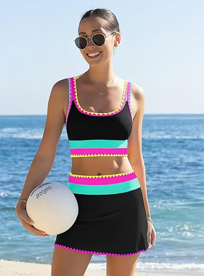 🌼 Färgblockerad Sportig 3-delars Bikiniset i Nylon – Högmidja med Magekontroll 👙