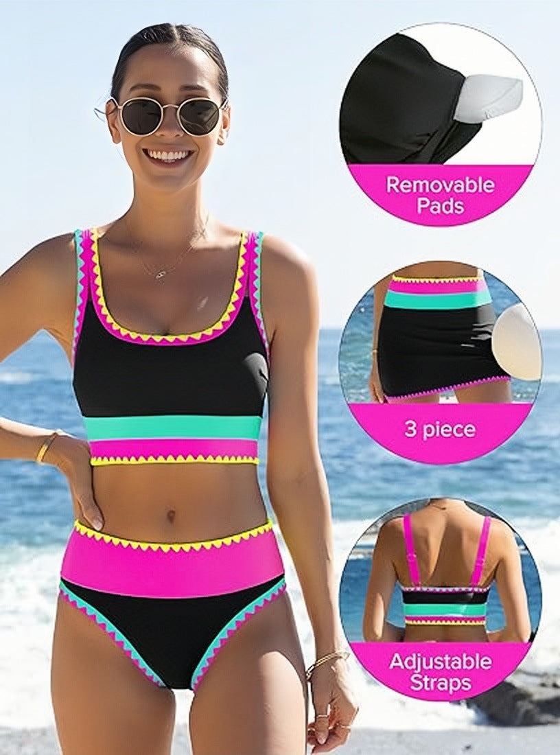 🌼 Färgblockerad Sportig 3-delars Bikiniset i Nylon – Högmidja med Magekontroll 👙