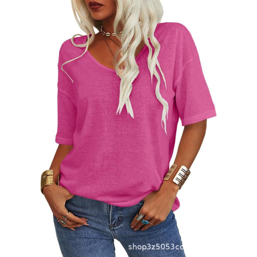 💖2025 Sommar Hot Sale 50% OFF👚Den enfärgade V-Neck T-shirten för kvinno