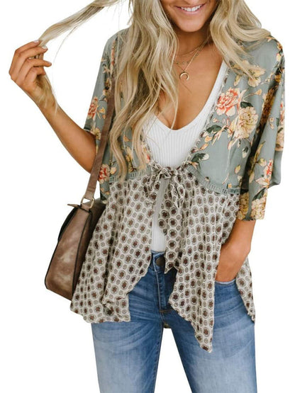 💐Vårrea 2026🌸Blommig kimono-inspirerad damkofta med volangärmar och knytband – en lätt, bohemisk och avslappnad topp
