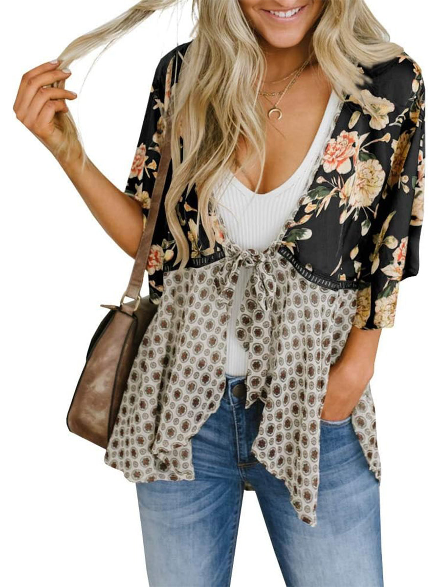 💐Vårrea 2026🌸Blommig kimono-inspirerad damkofta med volangärmar och knytband – en lätt, bohemisk och avslappnad topp
